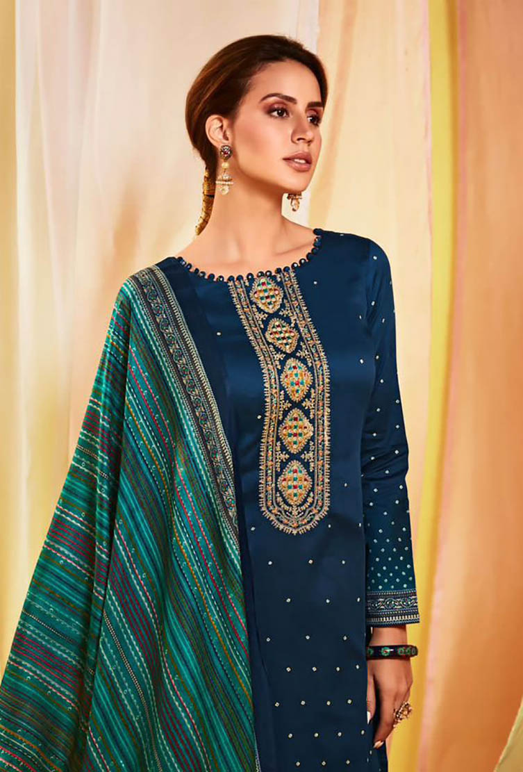 Embroidered Cotton Satin Unstitched Suit Set Blue Mumtaz Arts