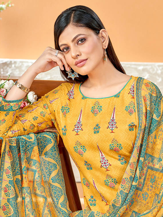 Alok Cotton Printed Yellow Unstitched Suit Material with Dupatta for Ladies Alok Suit