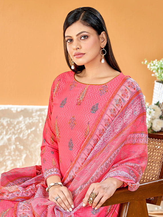 Alok Printed Pink Unstitched Cotton Suit Material with Dupatta for Ladies Alok Suit