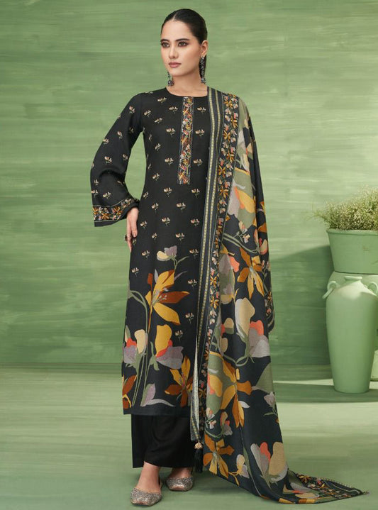 Black Unstitched Pashmina Winter Suit Dress Material with Embroidery