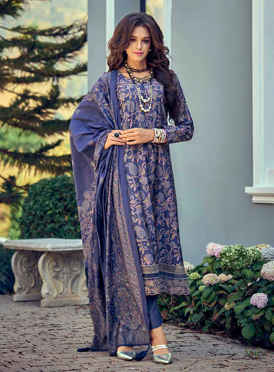 Pure Muslin Blue Unstitched Suit Material with Fancy Embroidery