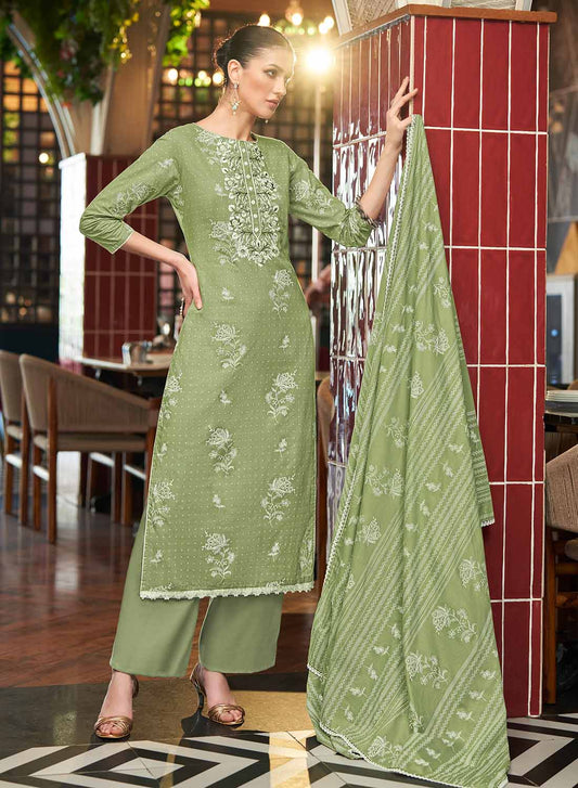 Green Pure Lawn Cotton Unstitched Salwar Suit Material for Women