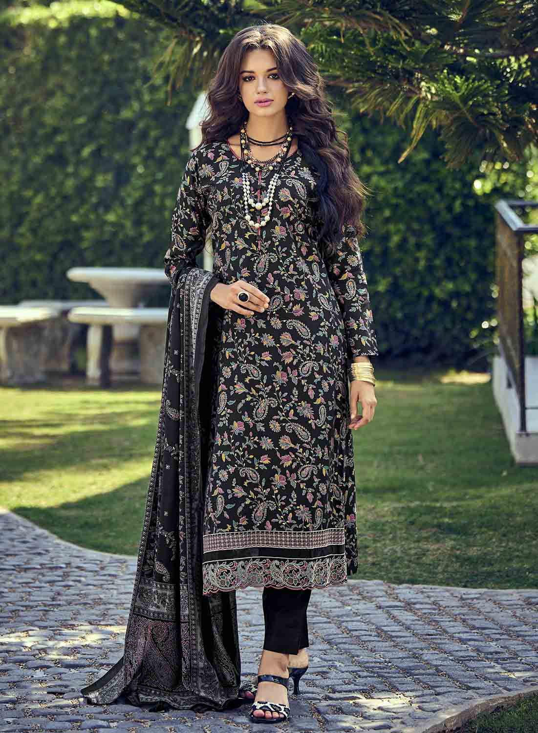 Women Pure Muslin Black Unstitched Suit Material with Fancy Embroidery IBIZA