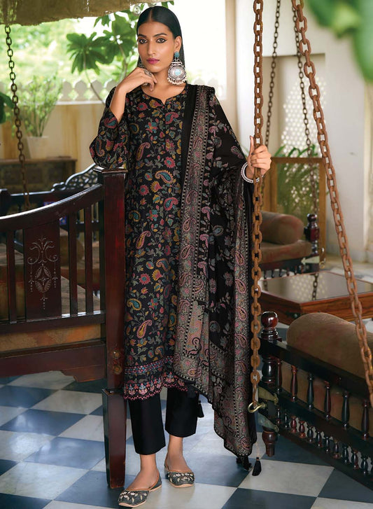 Modal Silk Black Unstitched Suit Dress Material with Fancy Embroidery