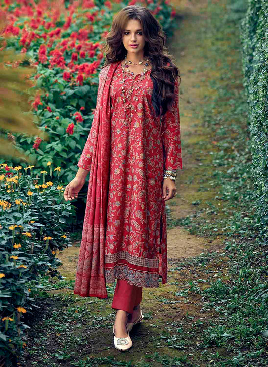 Women Pure Muslin Red Unstitched Suit Material with Fancy Embroidery