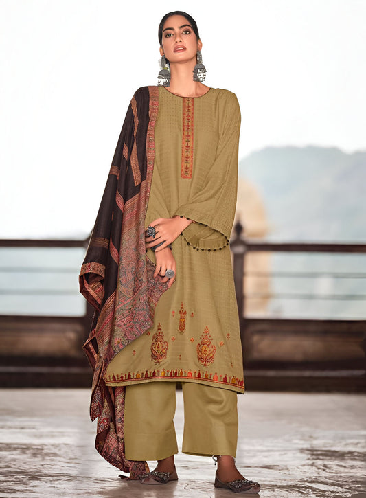 Mumtaz Arts Beige Lawn Cotton Unstitched Suit Dress Material for Women