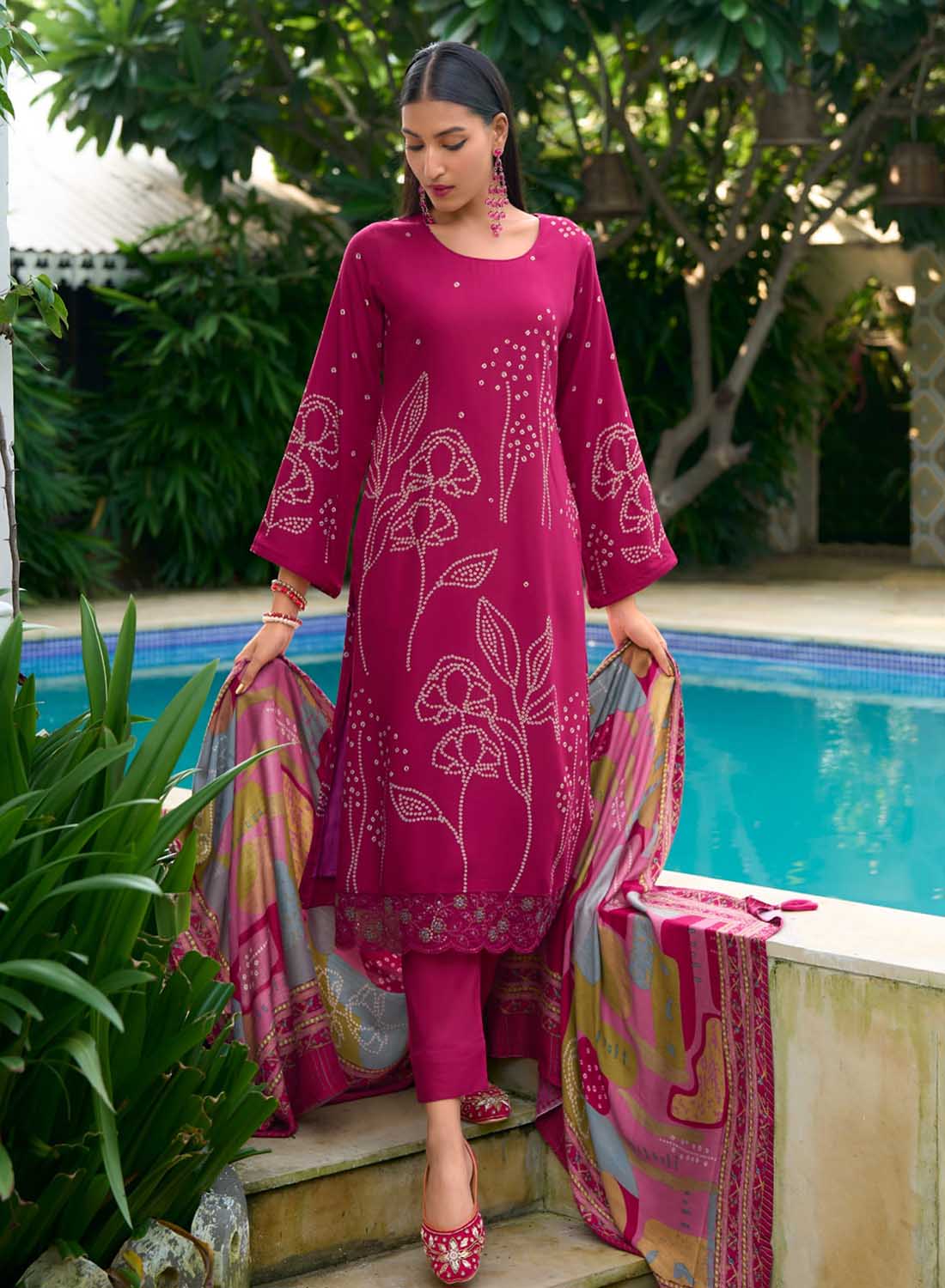 Women Pink Pashmina Winter Suit Dress Material with Fancy Embroidery