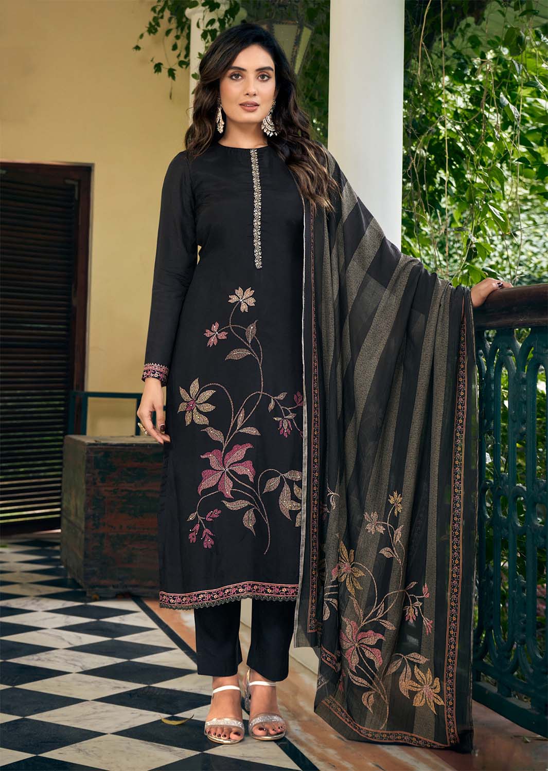 Pure Muslin Printed Party Wear Black Unstitched Women Suit Material