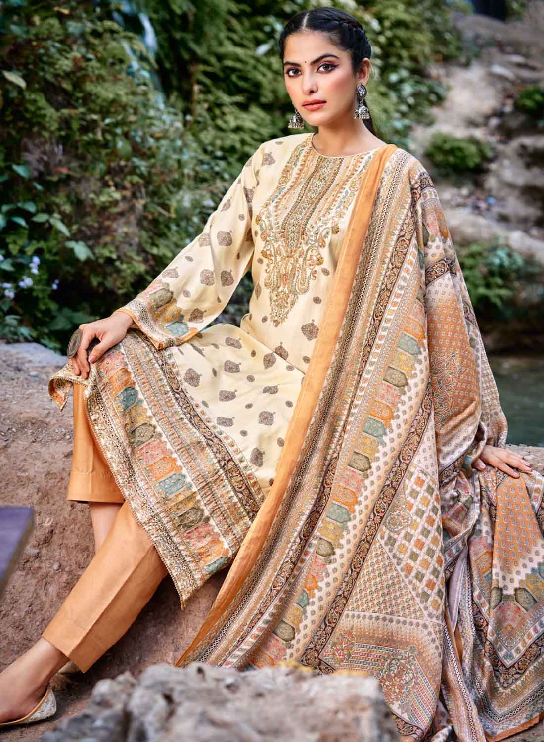 Beige Unstitched Pashmina Winter Suit Dress Material for Women