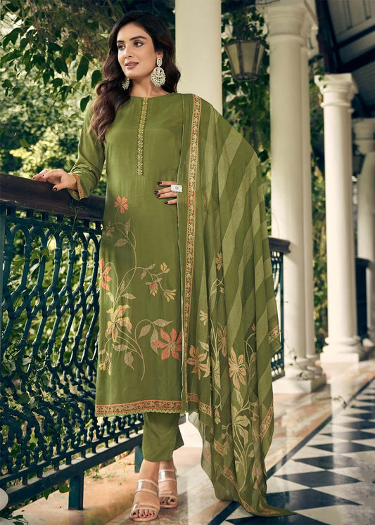 Pure Muslin Printed Party Wear Green Unstitched Women Suit Material