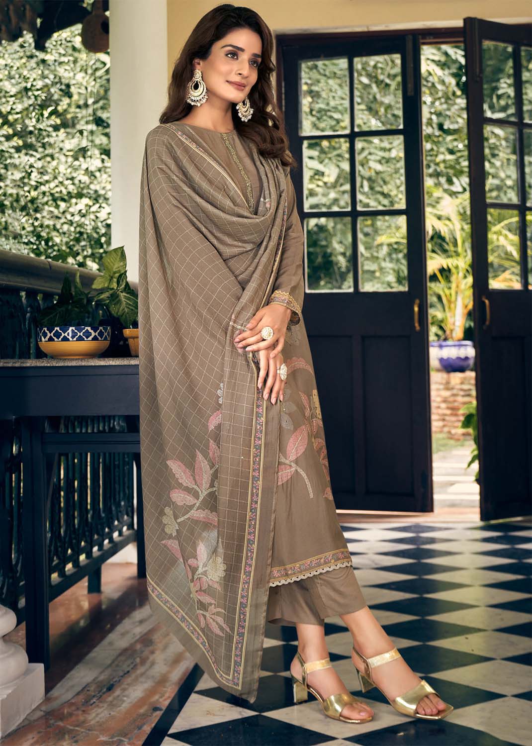 Pure Muslin Printed Party Wear Brown Unstitched Women Suit Material