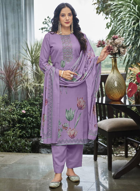 Purple Pashmina Unstitched Winter Suit Dress Material with Neck Embroidery