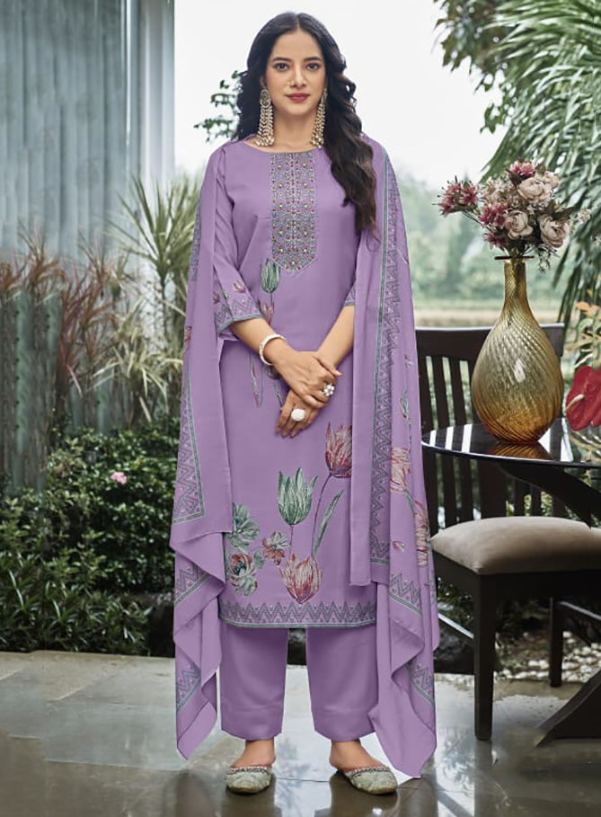 Purple Pashmina Unstitched Winter Suit Dress Material with Neck Embroidery