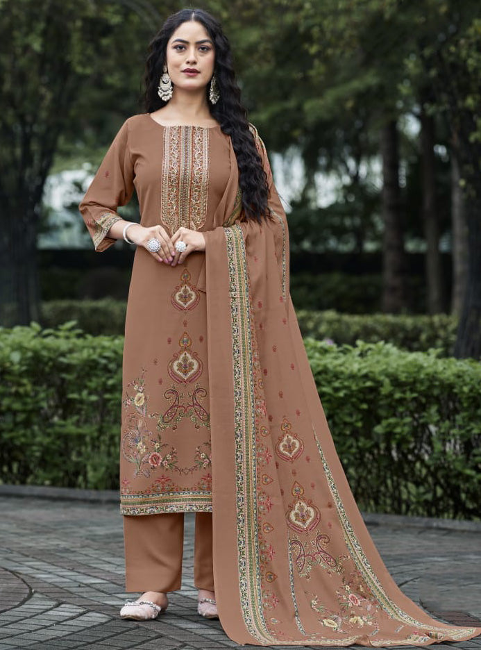 Unstitched Pashmina Winter Suit Dress Material with Neck Embroidery