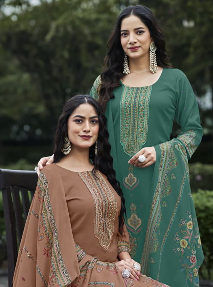 Unstitched Pashmina Winter Salwar Suit Dress Material with Neck Embroidery