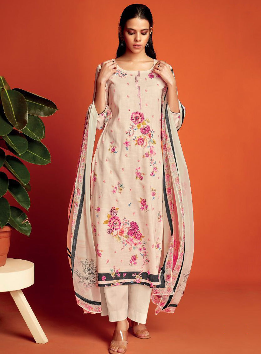 Ganga Off-White Pure Cotton Linen Printed Unstitched Suit Dress Material