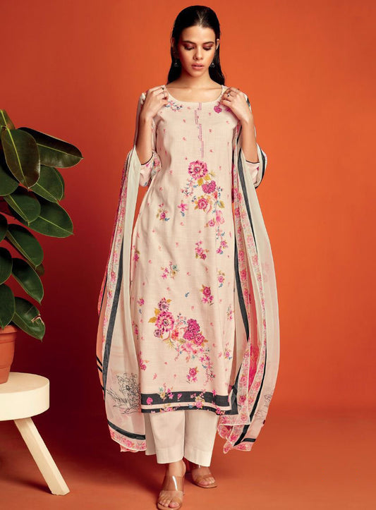 Ganga Off-White Pure Cotton Linen Printed Unstitched Suit Dress Material