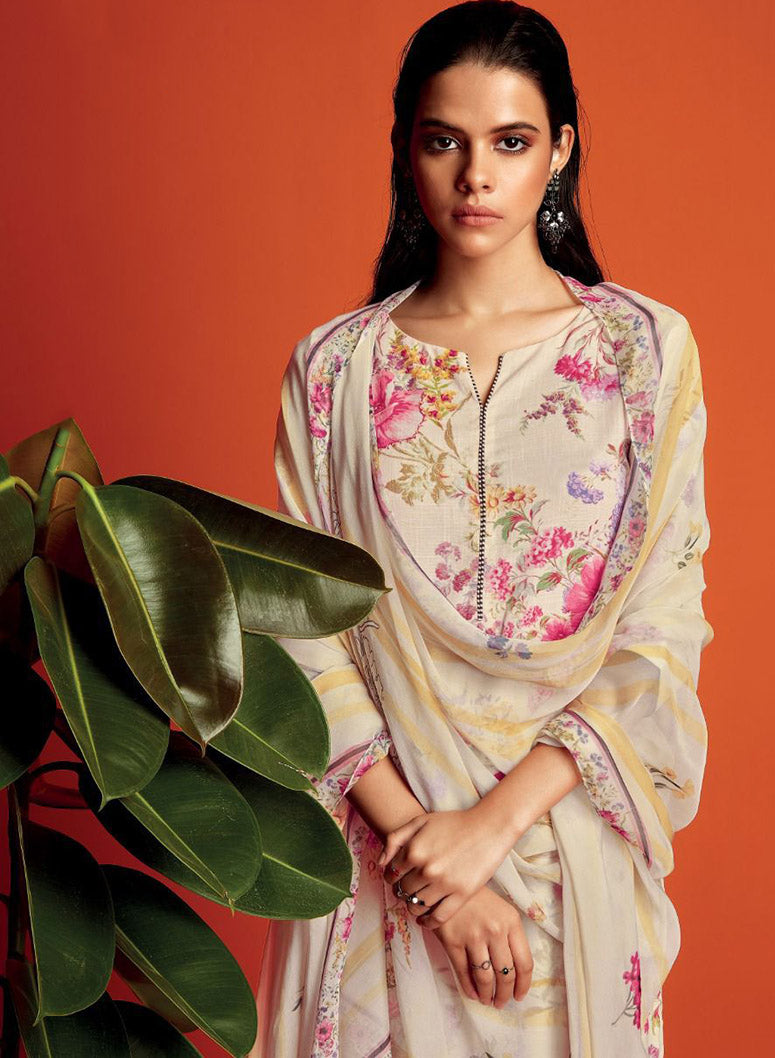 Ganga Pure Cotton Linen Printed Unstitched Salwar Suit Dress Material