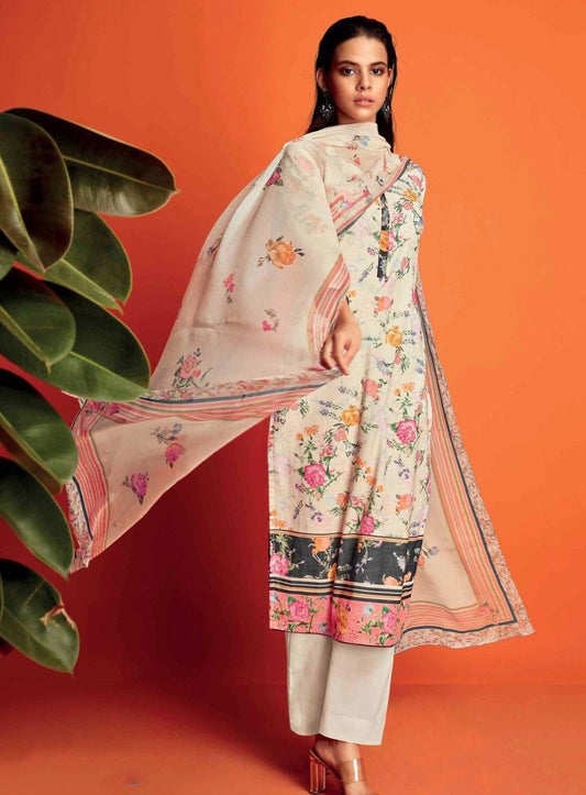 Ganga Off-White Pure Cotton Linen Printed Unstitched Salwar Suit Material