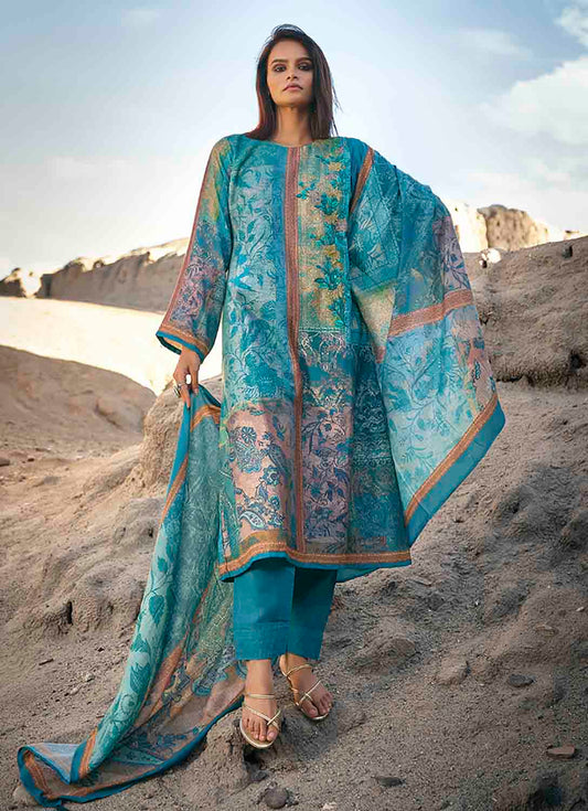 Pashmina Teal Blue Winter Salwar Suits Dress Material for Ladies