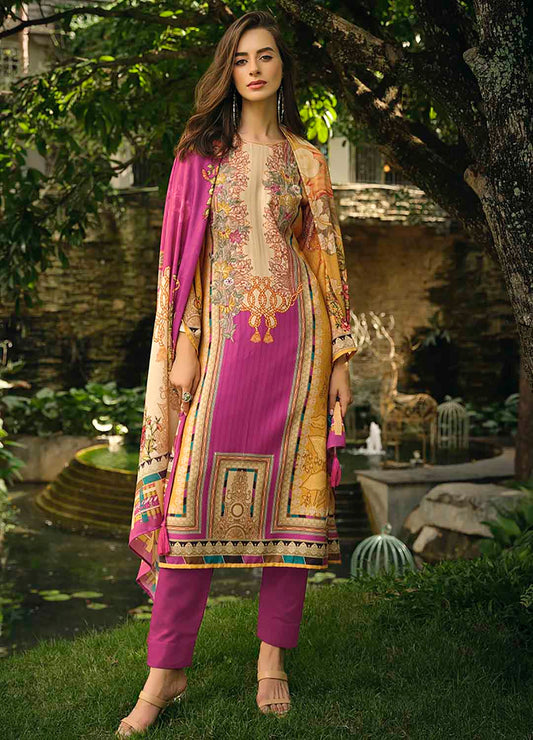 Sadhana Unstitched Pashmina Pink Winter Suit Material for Ladies Sadhana