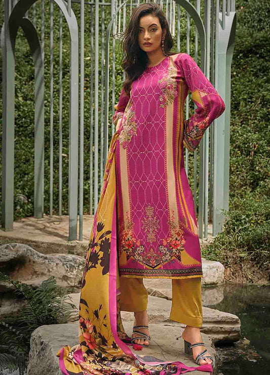Sadhana Unstitched Pink Pashmina Winter Suit Material for Ladies Sadhana