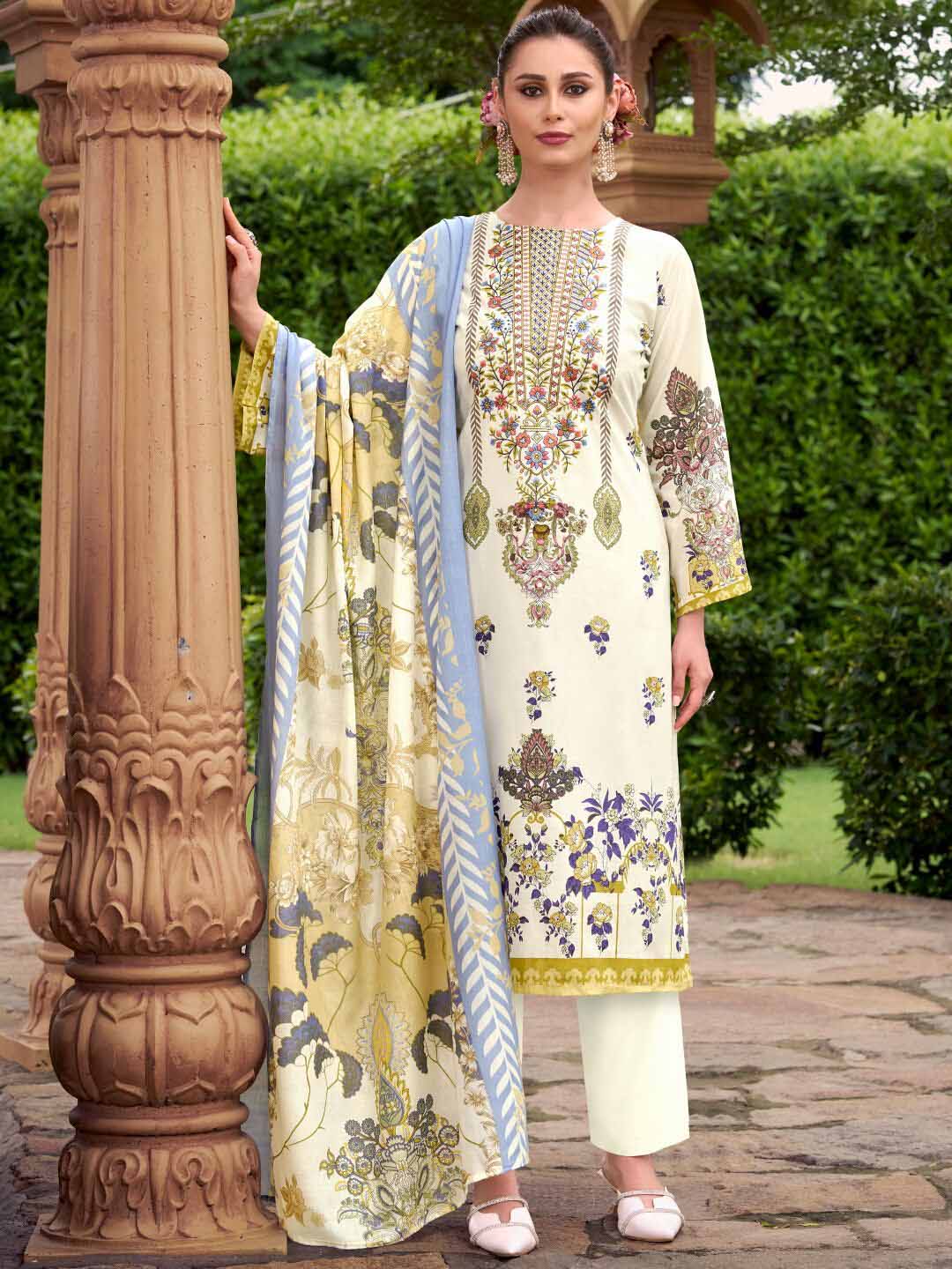 Off White Pure Cotton Pakistani Print Unstitched Suit Set with Embroidery