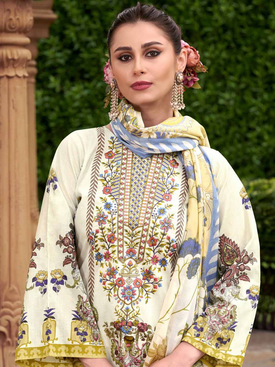 Off White Pure Cotton Pakistani Print Unstitched Suit Set with Embroidery