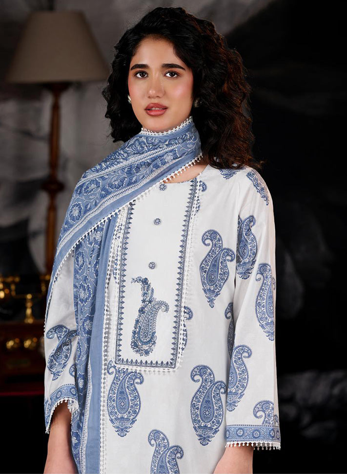 White Mul Chanderi Unstitched Suit Dress Material with Embroidery for Women