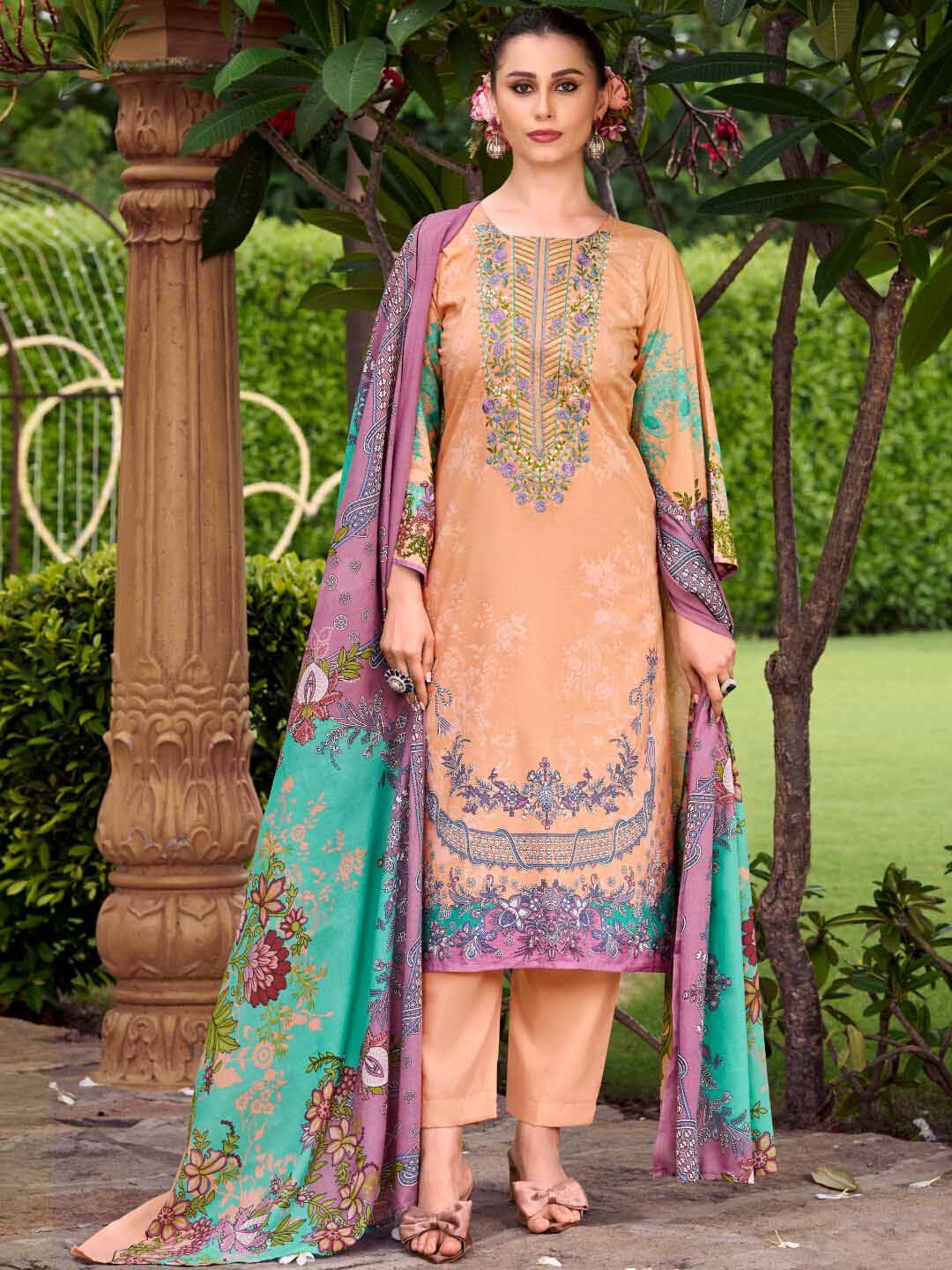 Pure Cotton Pakistani Print Unstitched Salwar Suit Set with Embroidery