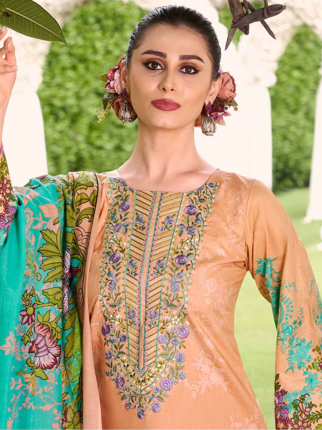 Pure Cotton Pakistani Print Unstitched Salwar Suit Set with Embroidery