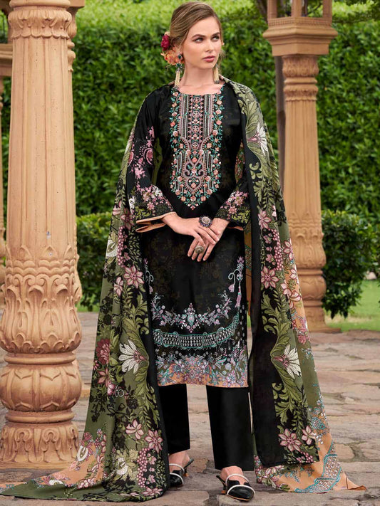 Black Pure Cotton Pakistani Print Unstitched Suit Set with Embroidery