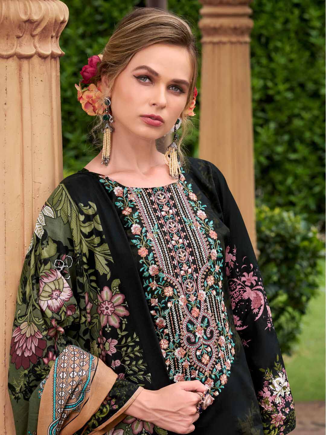 Black Pure Cotton Pakistani Print Unstitched Suit Set with Embroidery