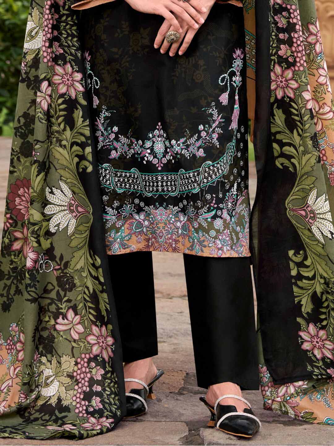 Black Pure Cotton Pakistani Print Unstitched Suit Set with Embroidery