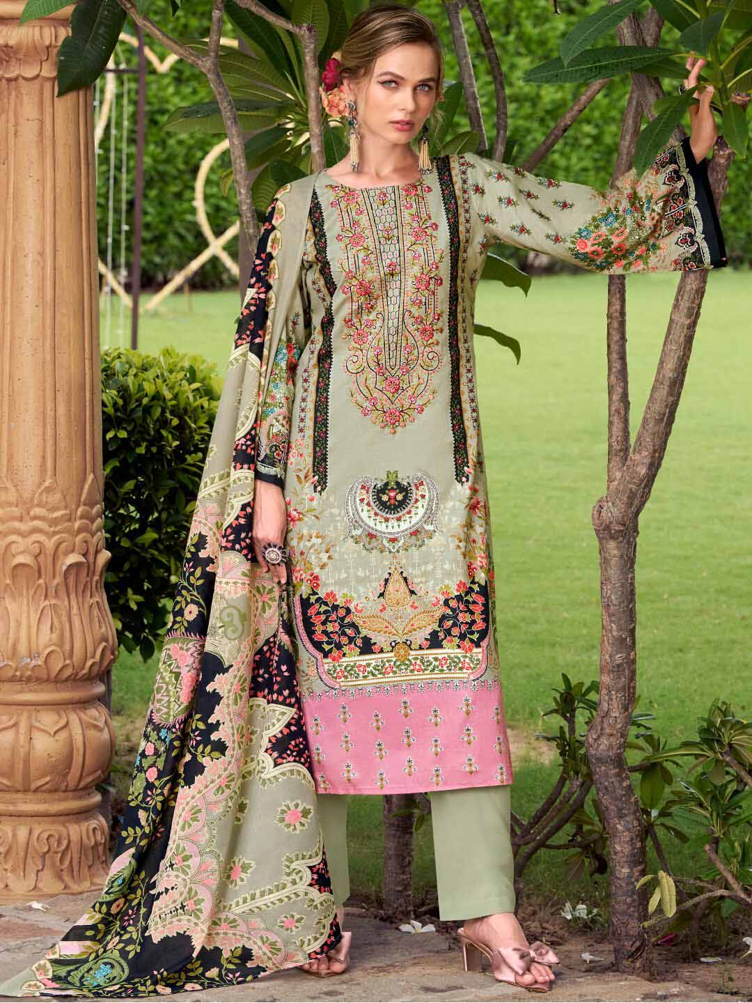 Women's Pure Cotton Pakistani Print Unstitched Suit Set with Embroidery