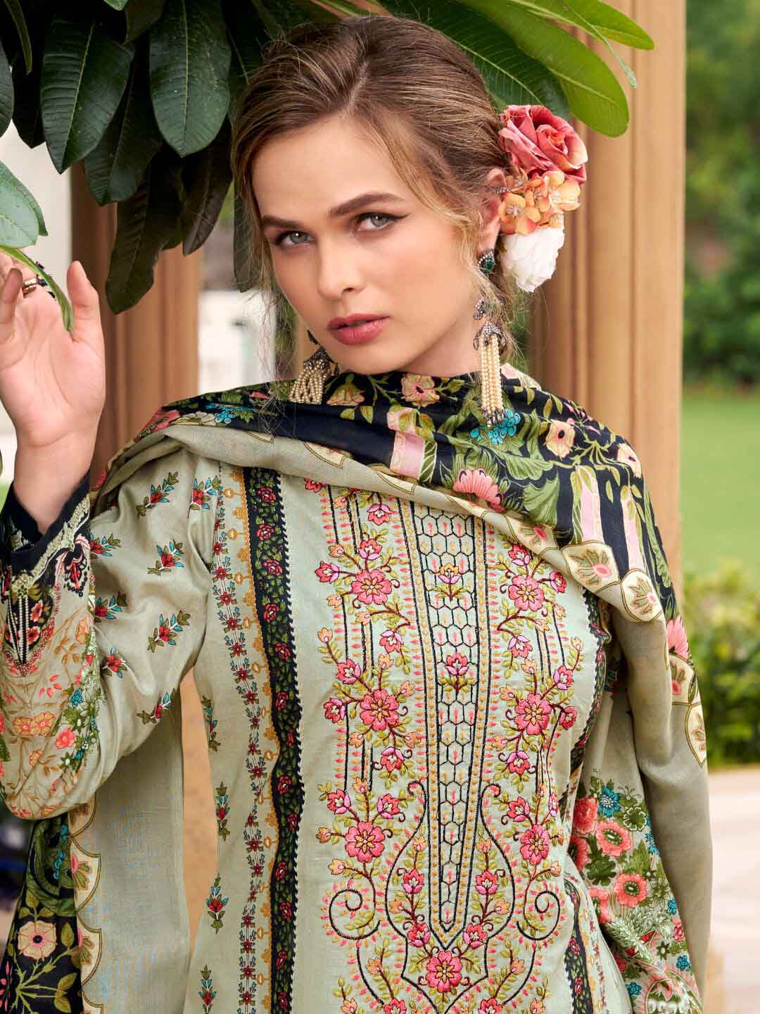 Women's Pure Cotton Pakistani Print Unstitched Suit Set with Embroidery