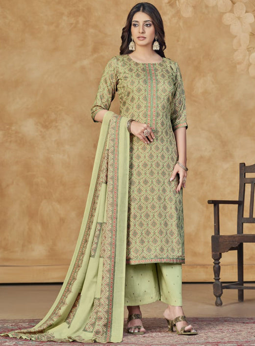 Women's Cotton Satin Green Unstitched Salwar Suit with Dupatta