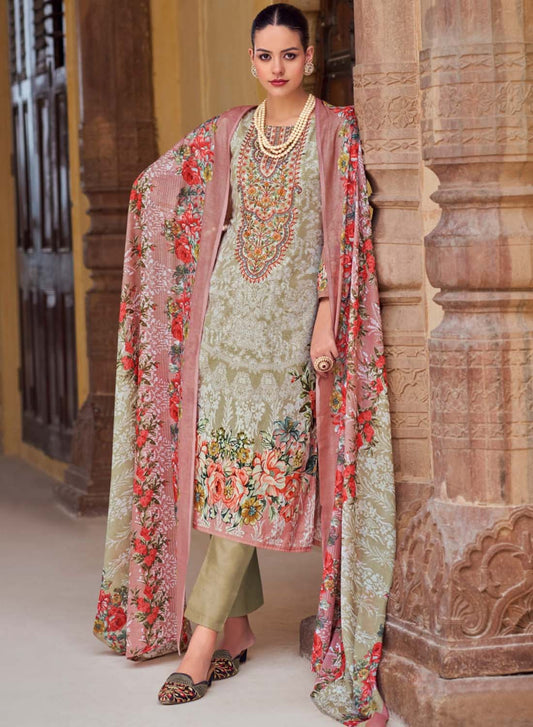 Women Pakistani Print Unstitched Cotton Suit Material with Embroidery