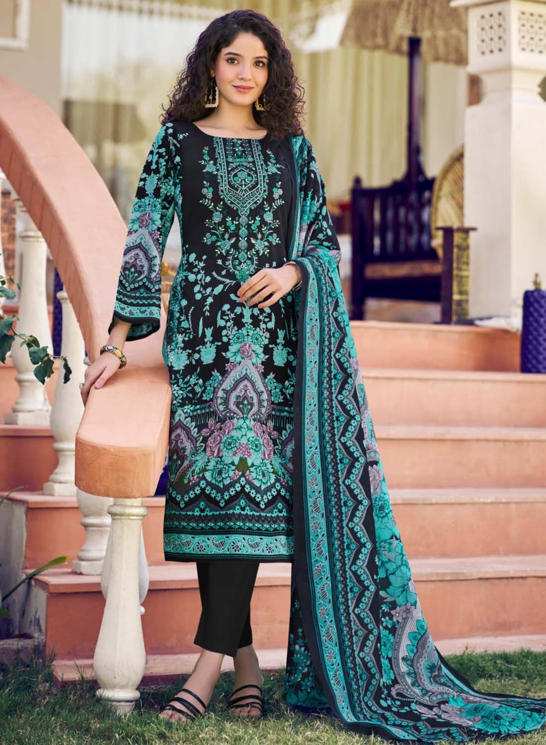 Black Pakistani Print Unstitched Pure Cotton Salwar Suit Material