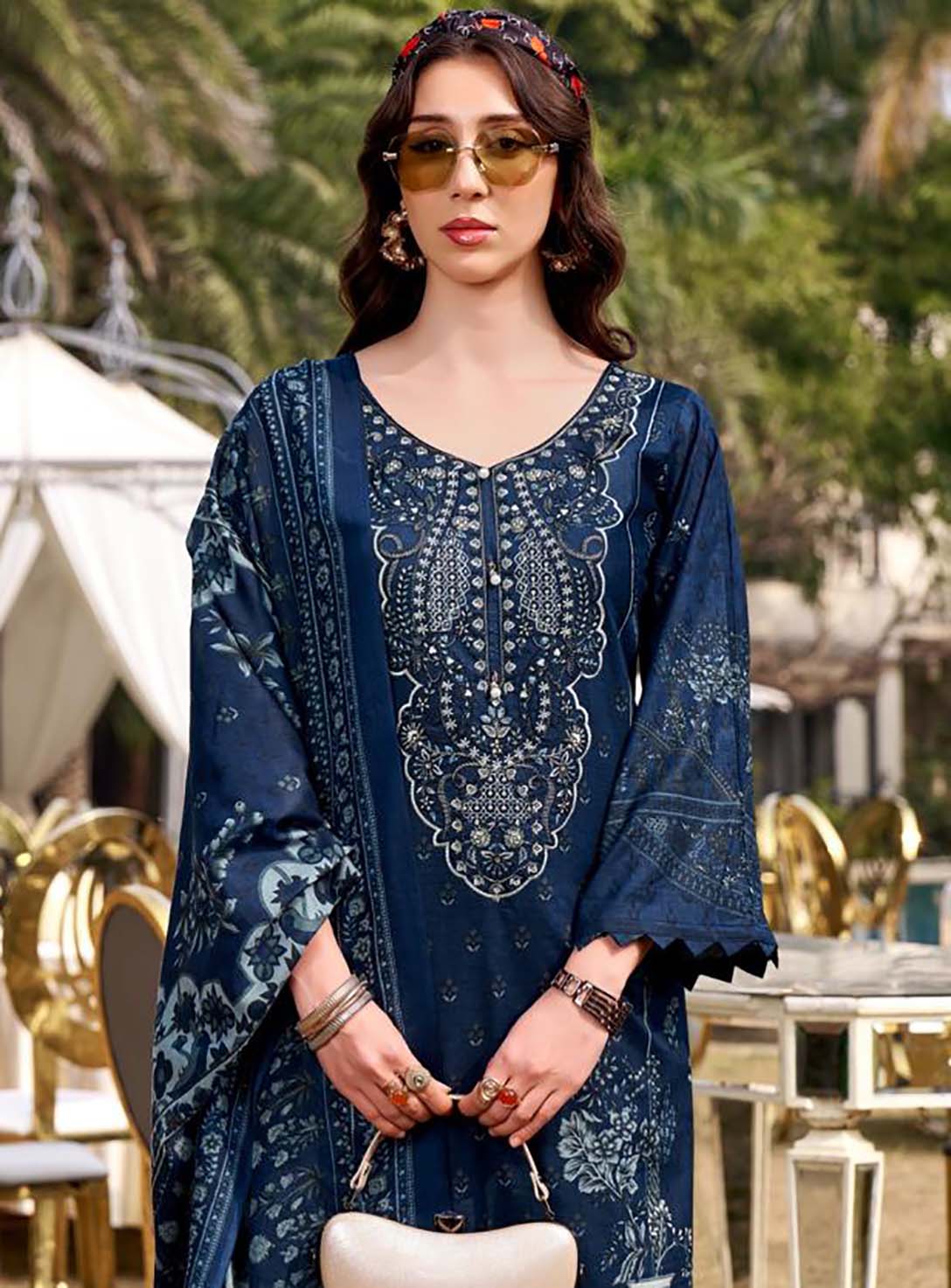 Pakistani Print Pure Cotton Blue Unstitched Suit Material with Embroidery