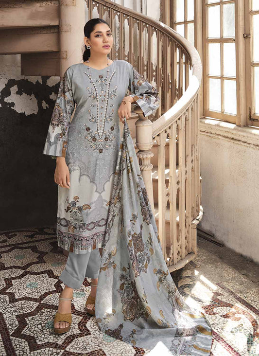 Belliza Cotton Pakistani Print Unstitched Women Suit Material Grey