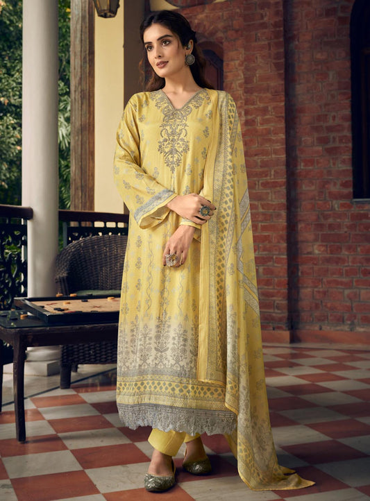 Pure Muslin Party Wear Unstitched Yellow Suit Dress Material for Women