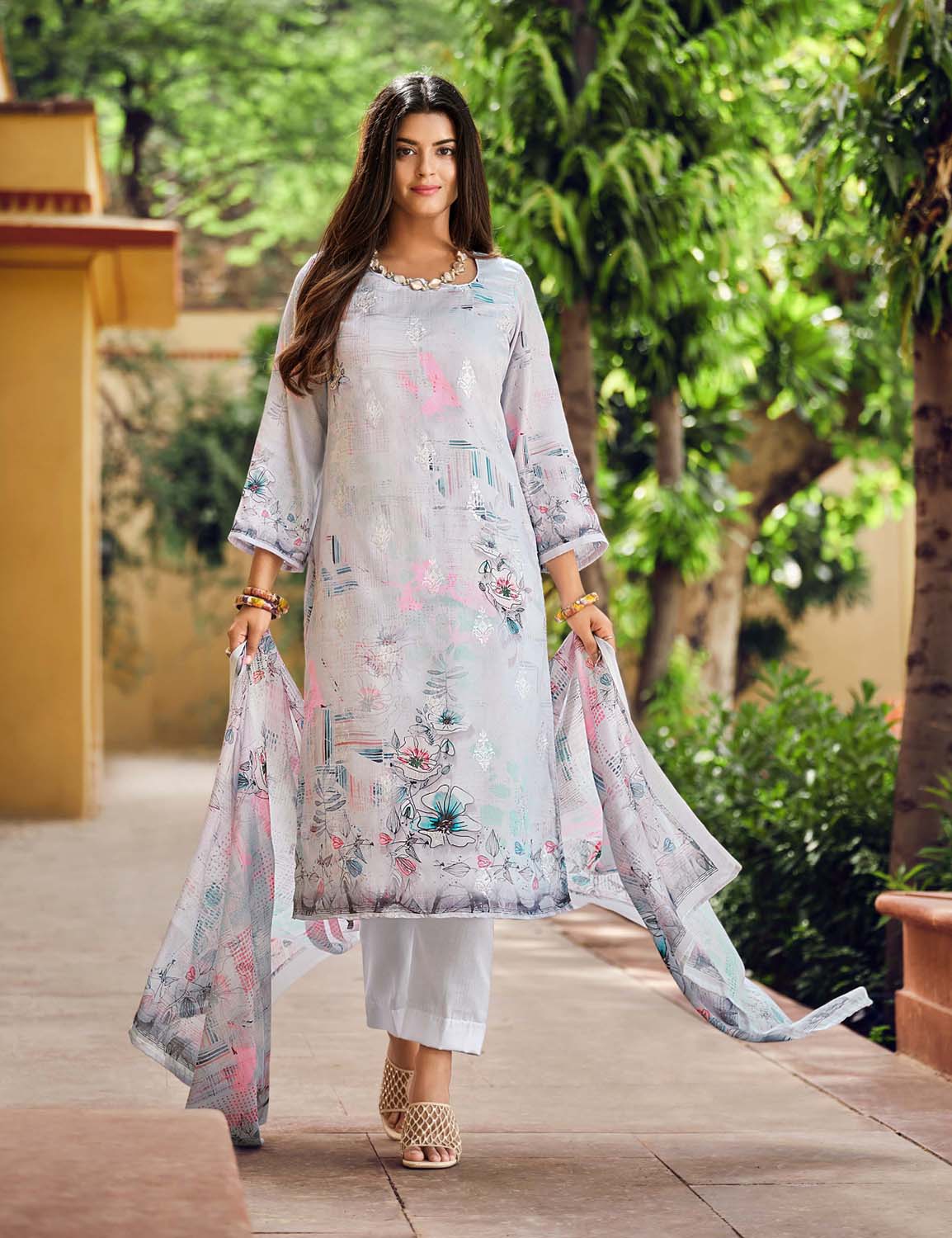 Belliza Unstitched Embroidered Women Cotton Suit Fabric Grey Belliza