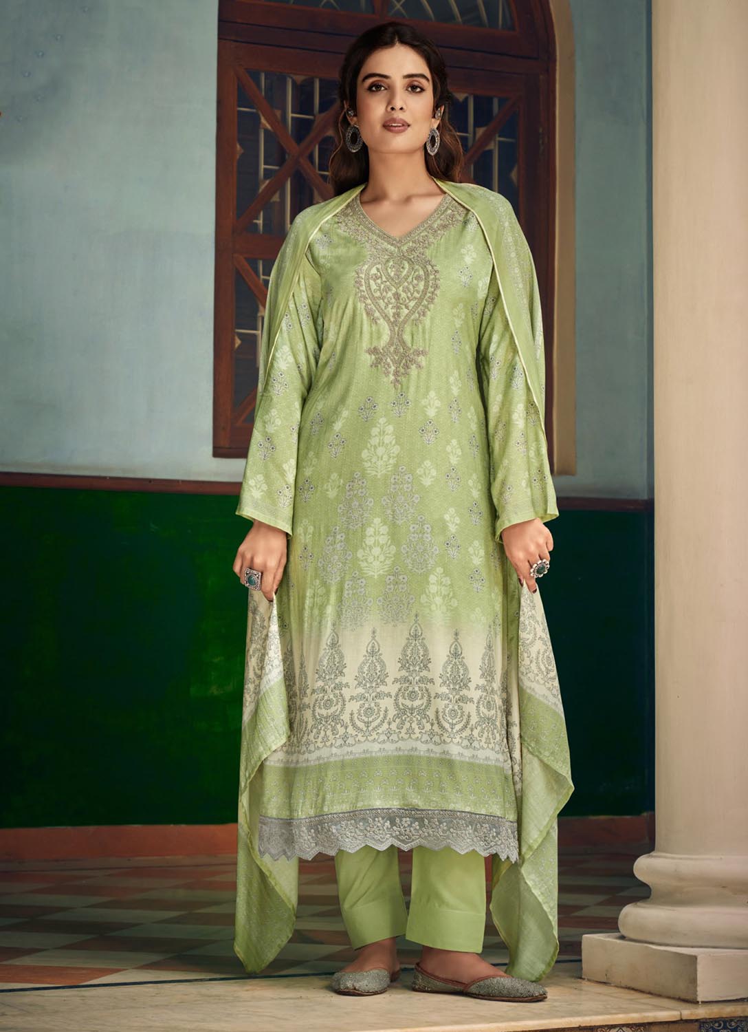 Pure Muslin Party Wear Unstitched Green Suit Dress Material for Women Rupali