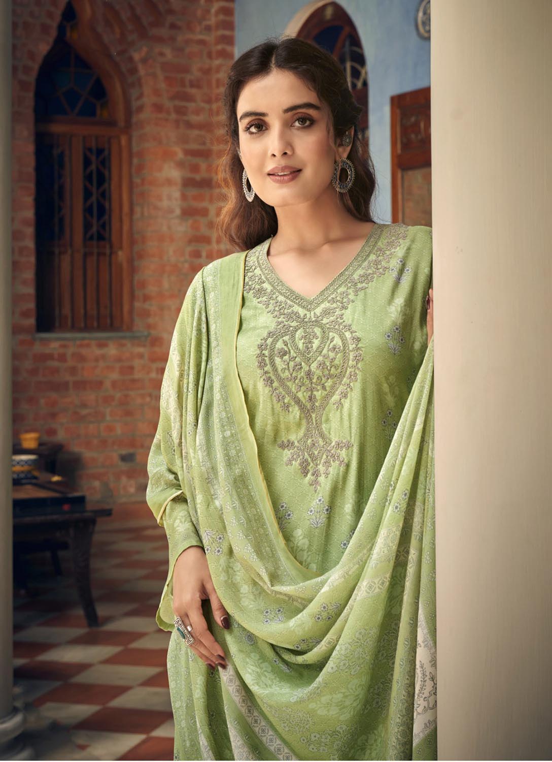 Pure Muslin Party Wear Unstitched Green Suit Dress Material for Women Rupali