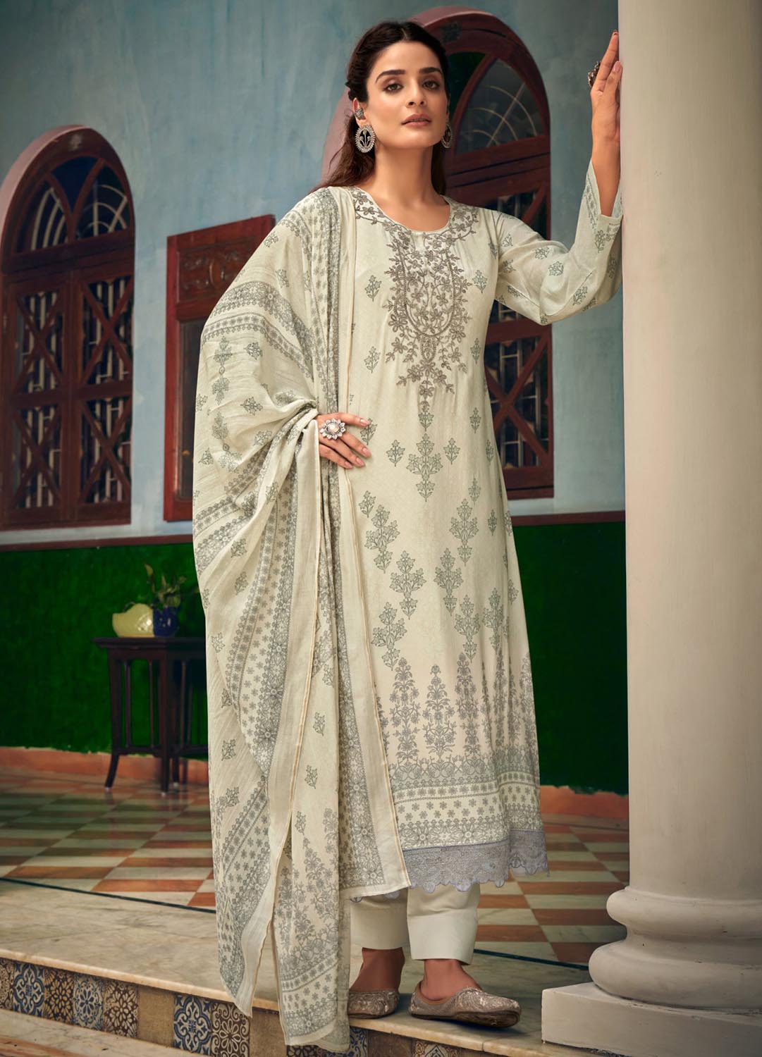 Pure Muslin Party Wear Unstitched Off-White Women Suit Dress Material Rupali