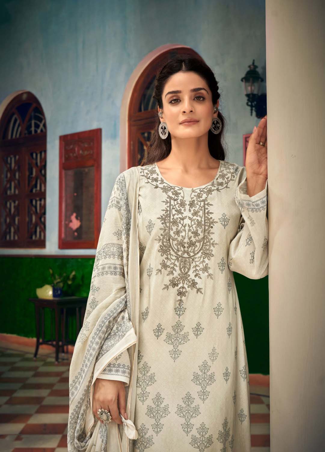 Pure Muslin Party Wear Unstitched Off-White Women Suit Dress Material Rupali