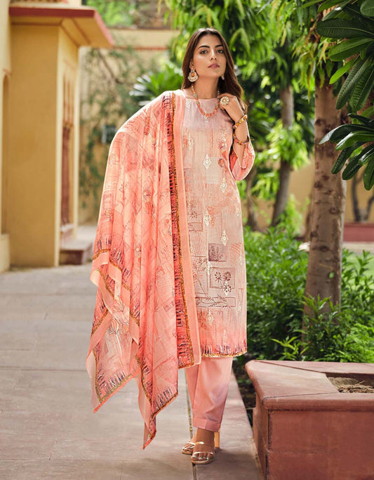 Belliza Unstitched Embroidered Women Cotton Suit Fabric Peach