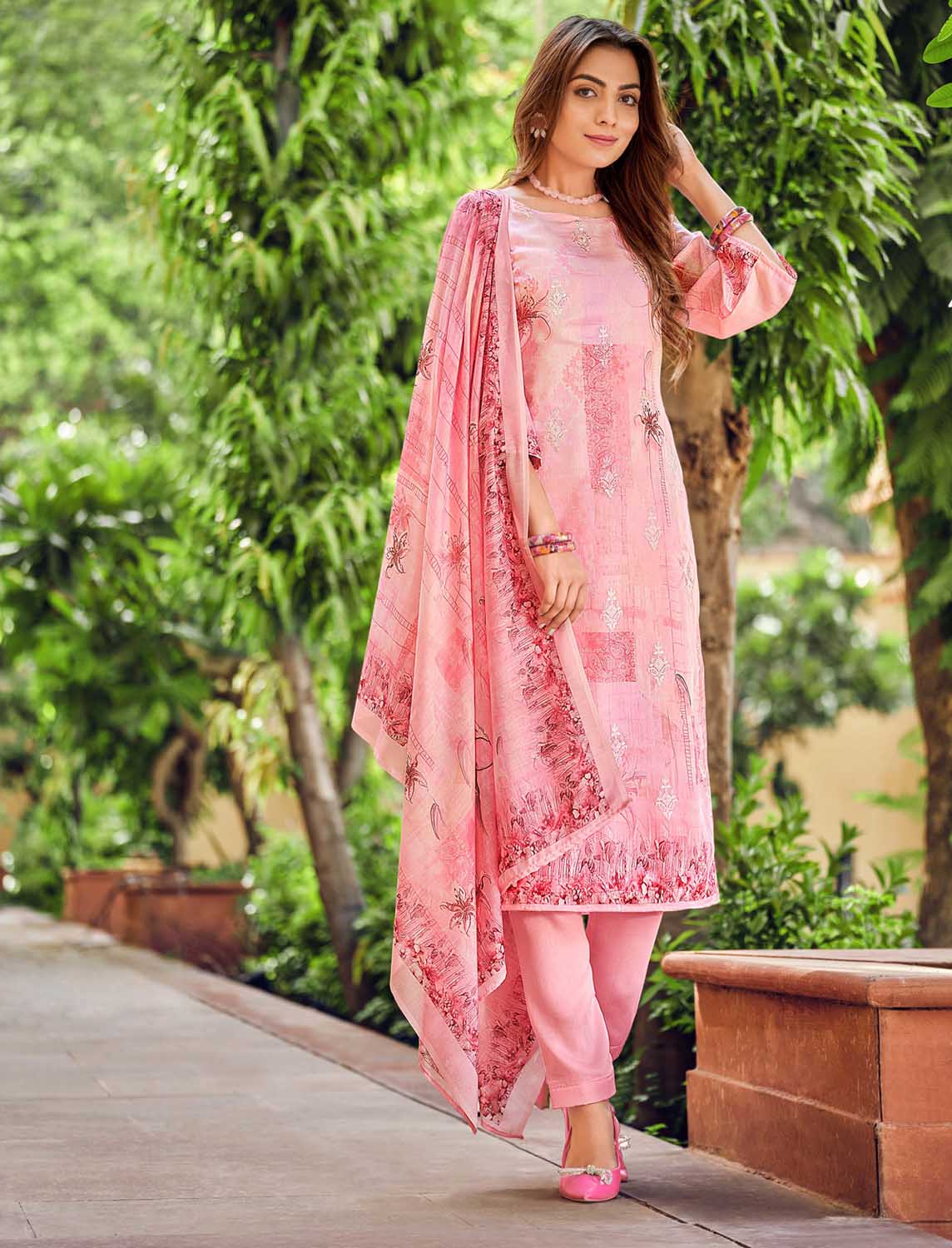 Belliza Unstitched Embroidered Women Cotton Suit Fabric Pink Belliza