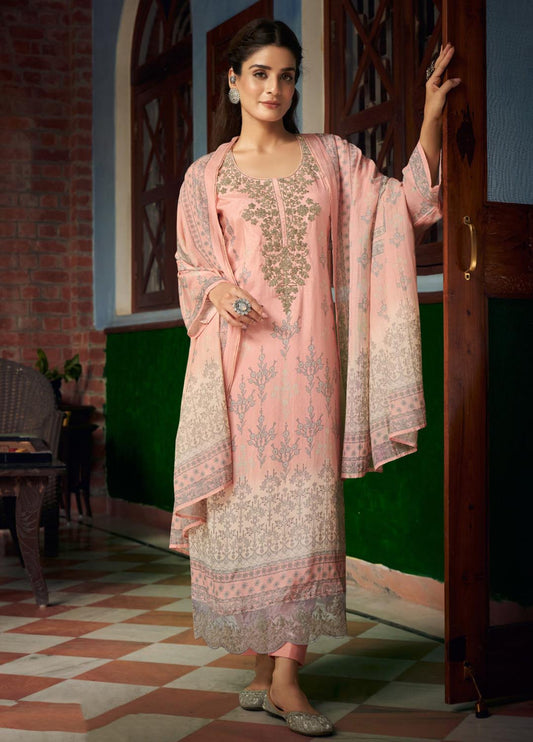 Pure Muslin Party Wear Unstitched Peach Suit Dress Material for Women